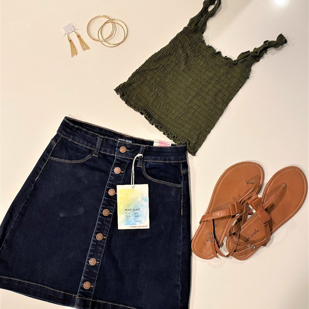 Jean Skirt & Ruched Green Crop Top